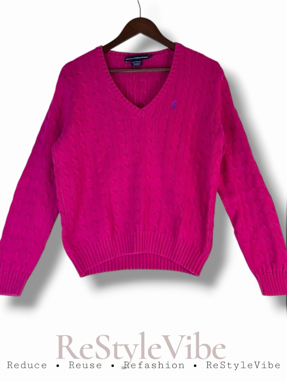 RALPH LAUREN SPORT Women’s Size XL Sweater V-Neck Cable Knit Pink Cotton Logo